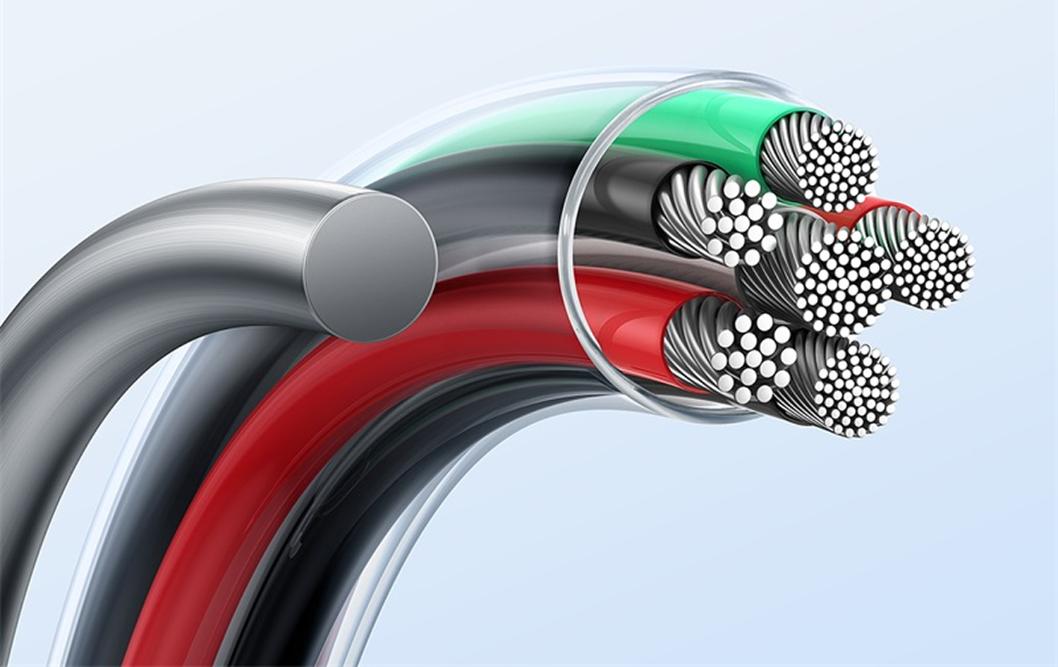 Primer plano de un cable cortado, mostrando los cables internos y el aislamiento coloreado en rojo, verde y negro, contra un fondo azul.