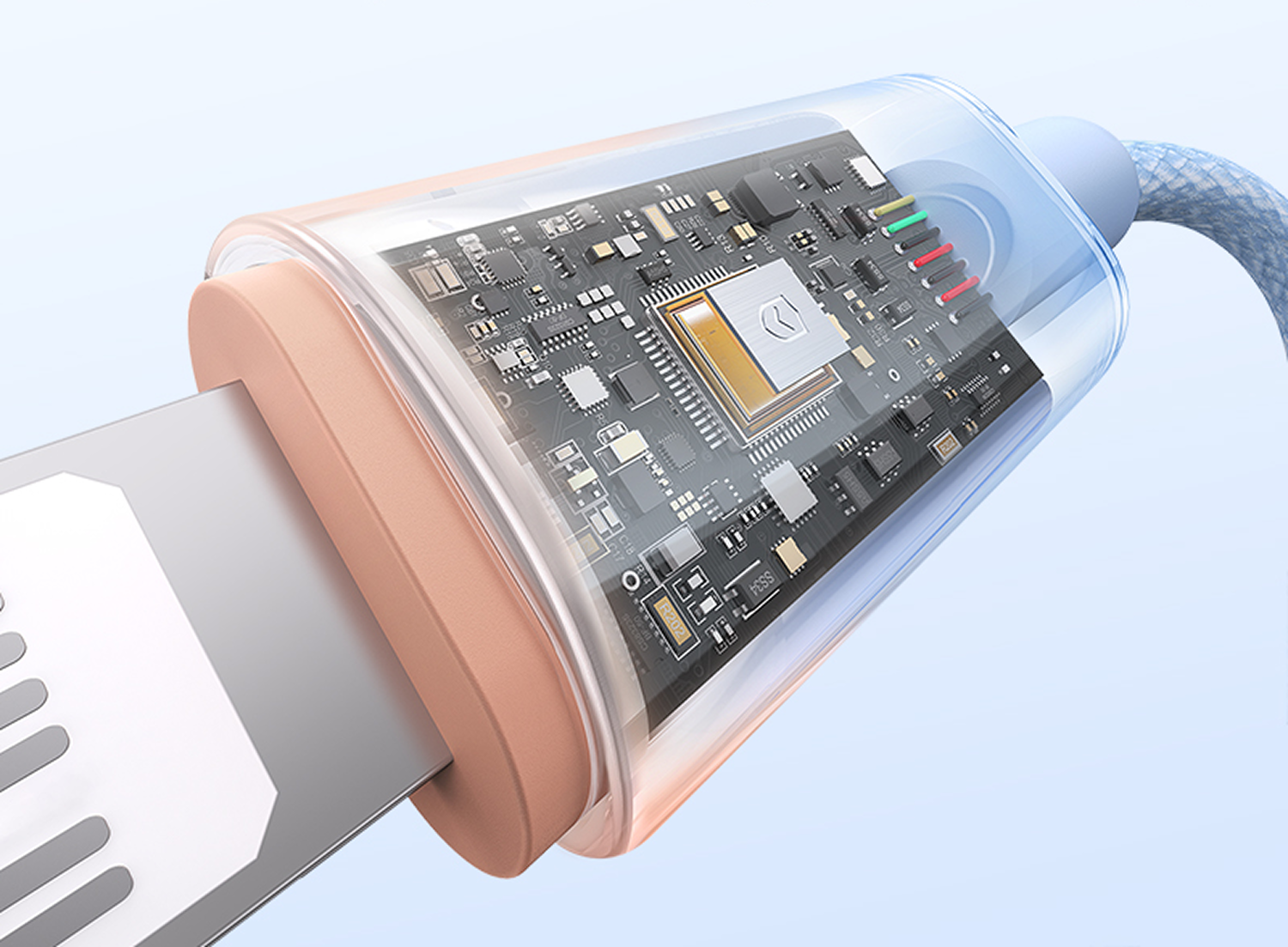 Primer plano de un cable de carga que muestra componentes internos. El cable tiene una punta metálica, una sección media color cobre y una carcasa transparente.