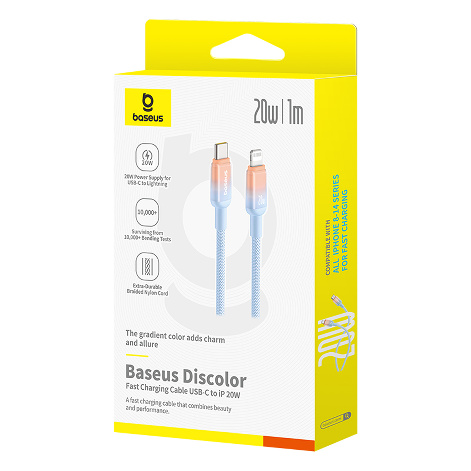 Caja de cable de carga Baseus Discolor. Tiene una imagen del cable, detalles del producto y la marca. La caja es amarilla y blanca.