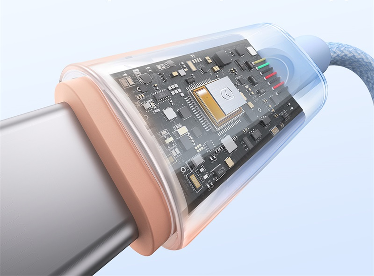 Primer plano de un conector de cable USB-C. La carcasa transparente revela la circuitería interna, con un conector plateado y un cable azul.