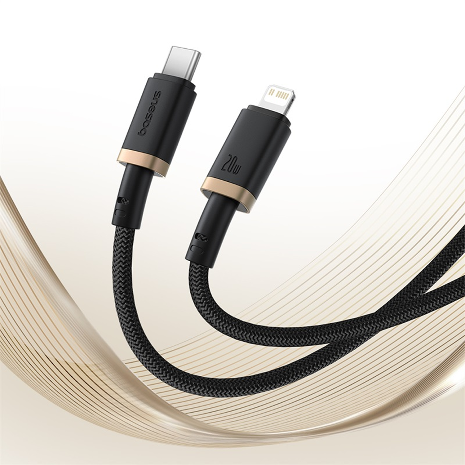 Dos cables de carga negros con detalles dorados y cables trenzados. Uno tiene un conector USB-C, el otro un conector Lightning.