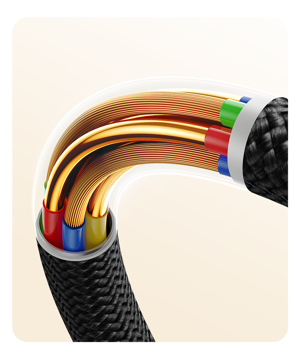 Corte transversal de un cable USB. Exterior negro trenzado con cables de colores: rojo, verde, azul y amarillo.