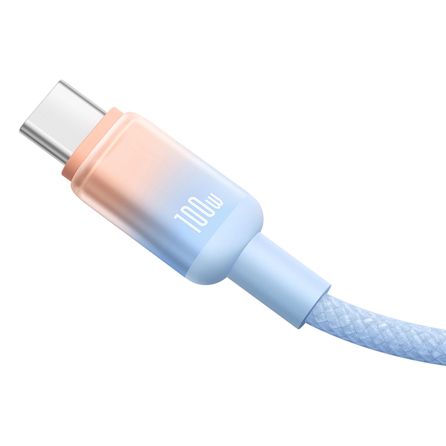 Un cable de carga USB-C con un conector azul claro y color melocotón. El cable es azul claro y tiene una textura tejida.