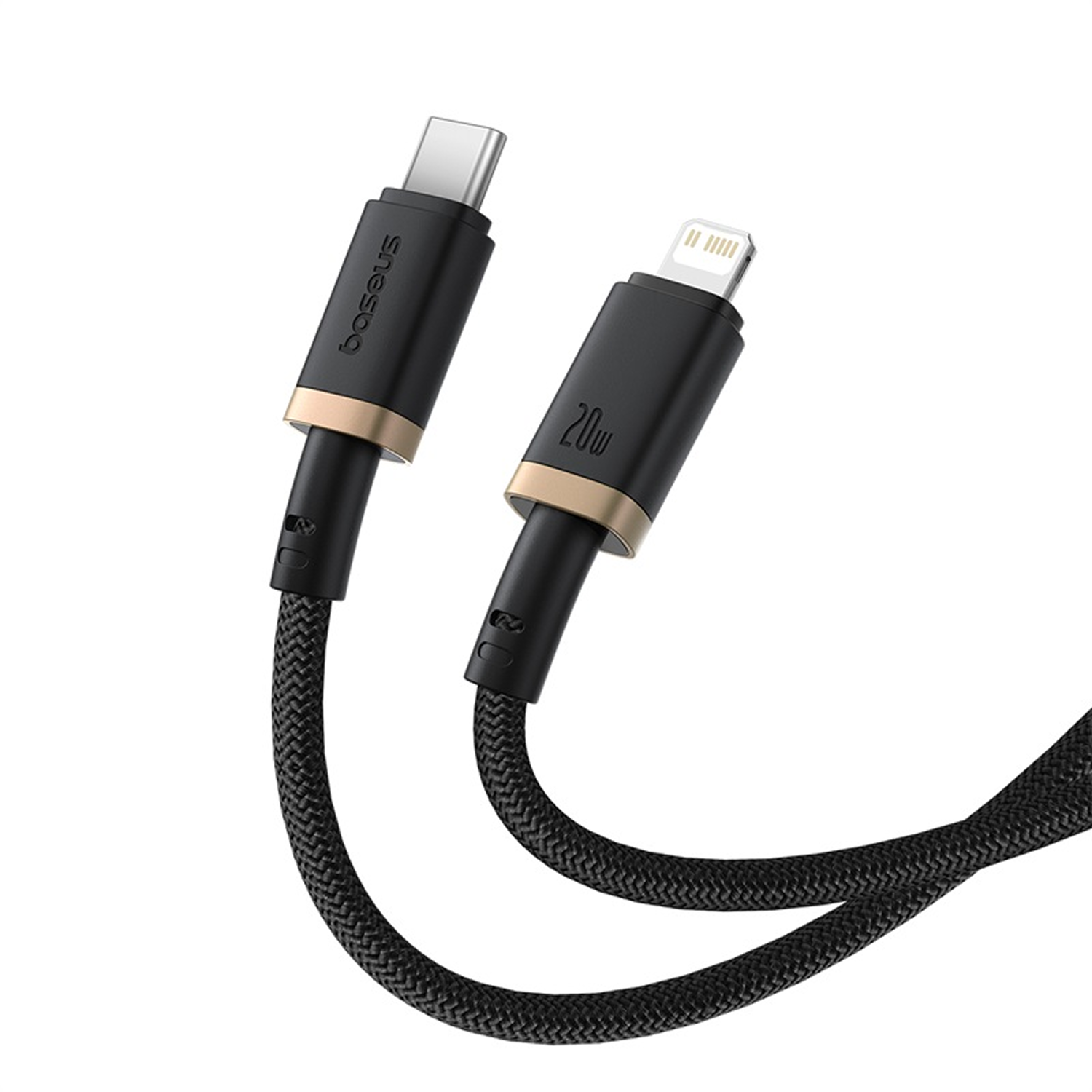 Cable USB-C a Lightning negro y dorado. El cable es trenzado y tiene impreso 'baseus' y '20w' en los conectores.