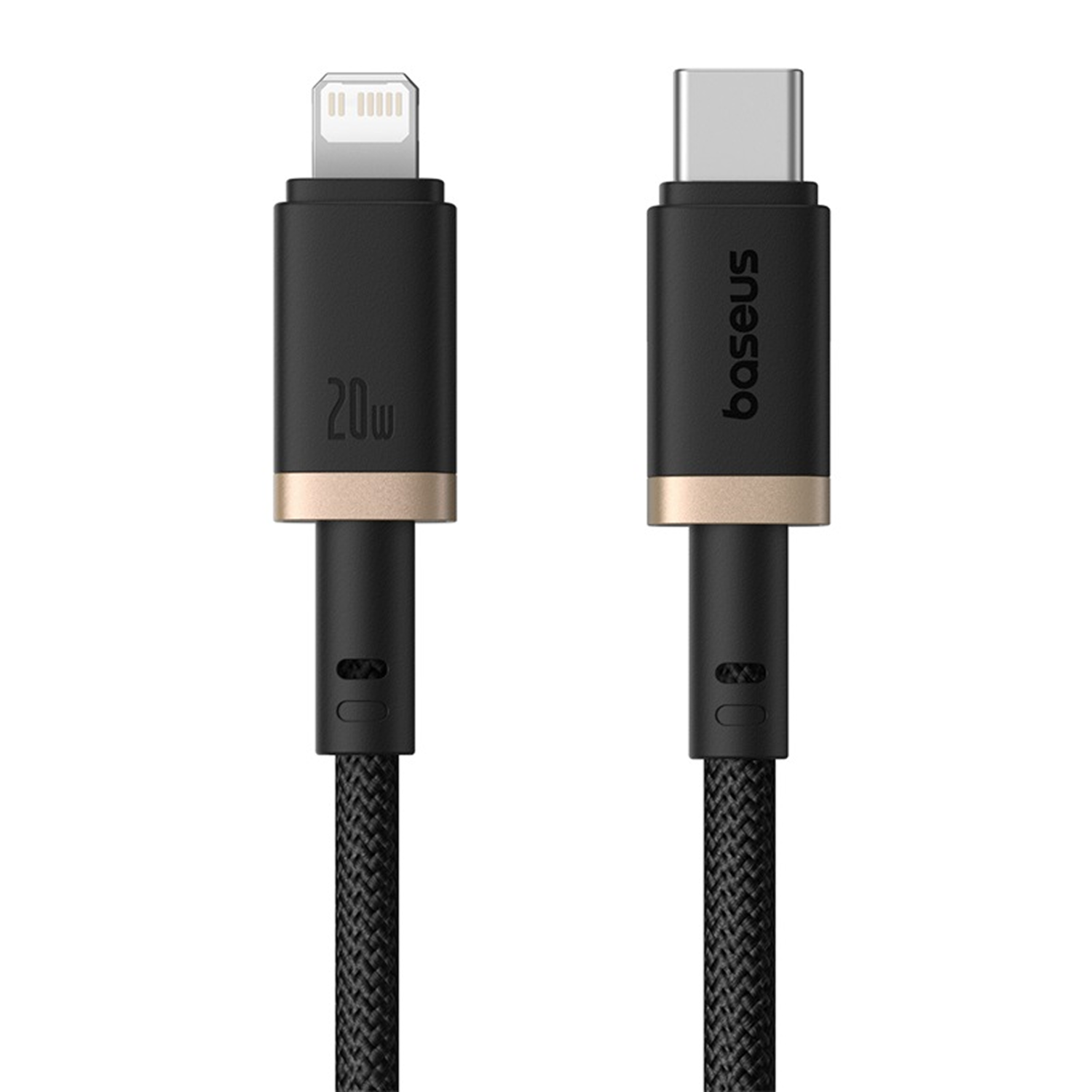 Dos cables de carga negros con extremos diferentes. Uno tiene conector Lightning, el otro USB-C. Ambos dicen 20w y baseus.