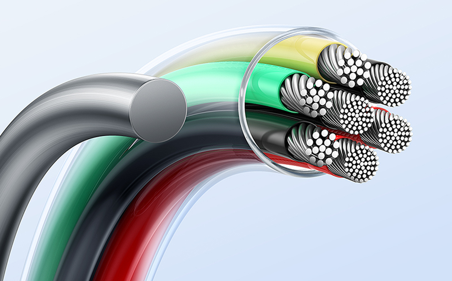 Corte transversal de cables multicolores. Se ven cables amarillos, verdes, negros y rojos. Conductores metálicos expuestos.
