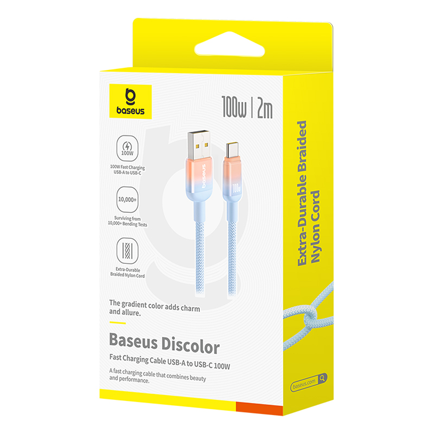 Caja de cable de carga Baseus Discolor. Características: 100W, USB-A a USB-C y cable de nailon trenzado extra duradero.