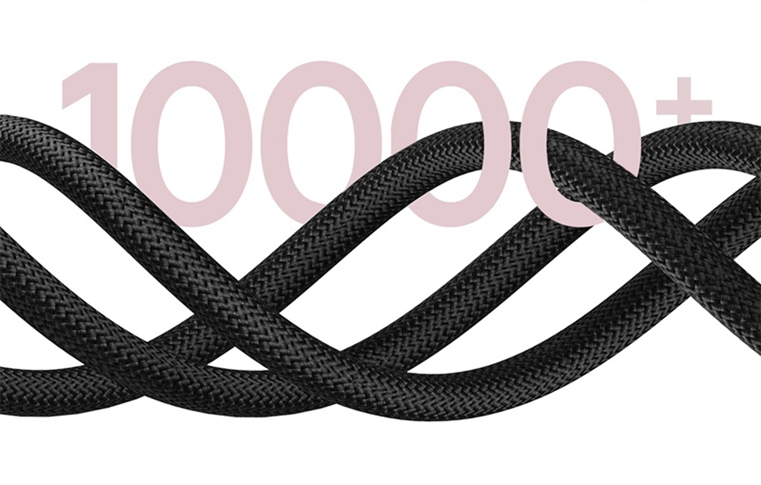 Cable trenzado negro en primer plano. Texto rosa claro '10000+' en el fondo sobre un fondo blanco.