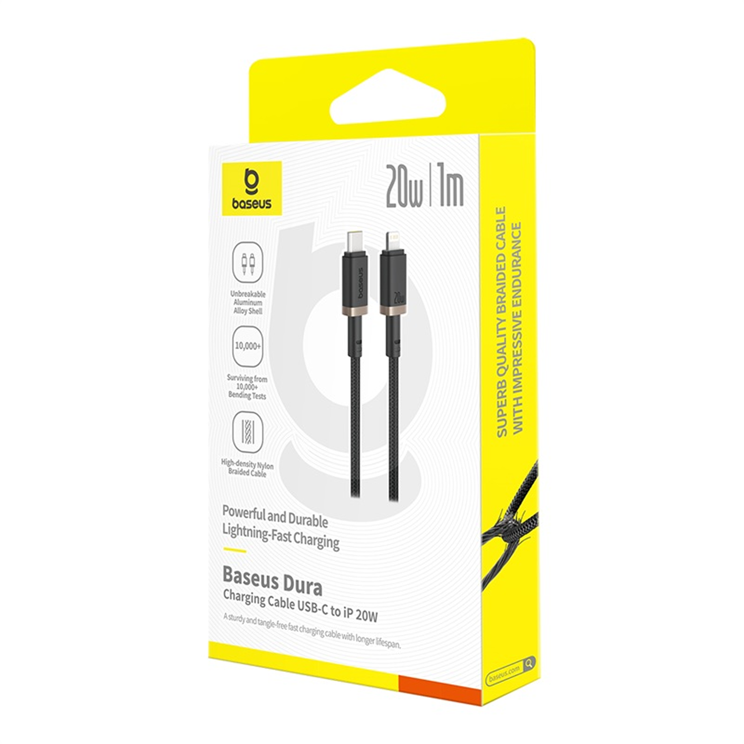 Una caja blanca y amarilla muestra un cable de carga Baseus. La caja muestra el cable y detalles como 20W, 1m y trenzado de nailon de alta densidad.