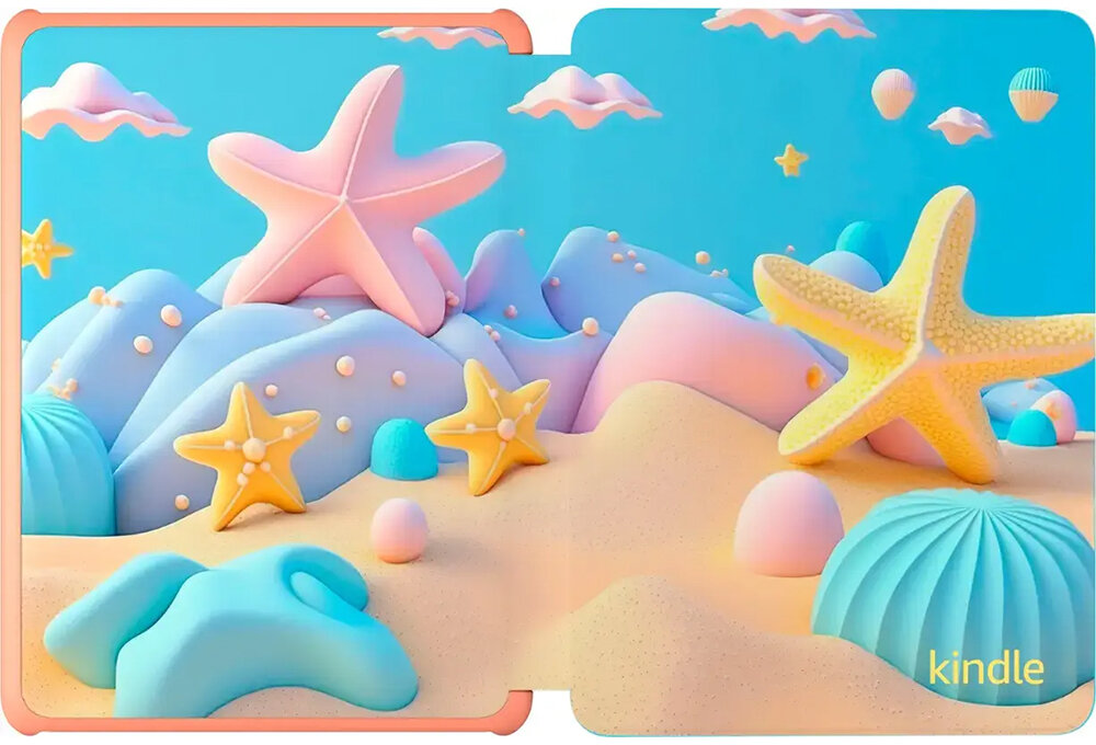 Pastelowa scena na plaży z rozgwiazdami, piaskiem i stylizowanymi falami. Zawiera chmury i elementy morskie. Kolorowe i fantazyjne.