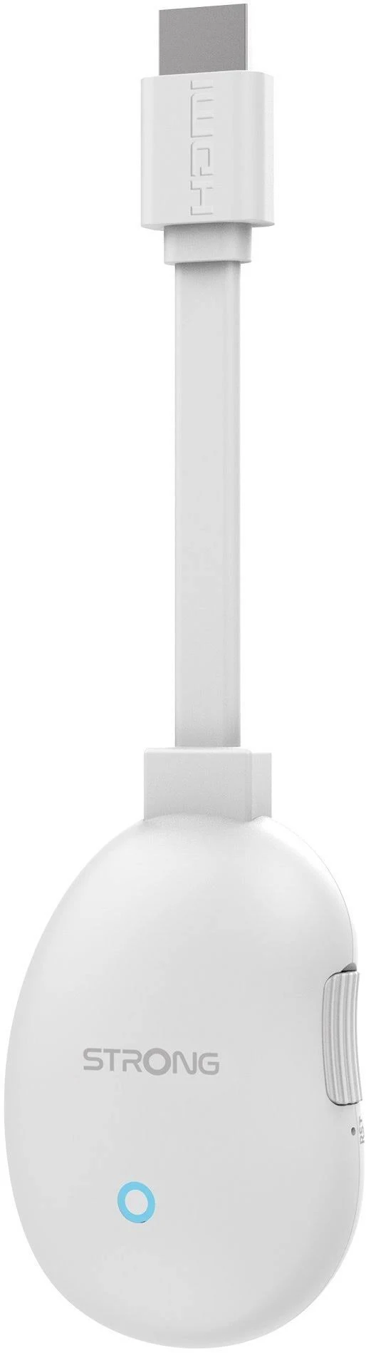 Un dongle HDMI blanco con cuerpo redondo y conector. El dongle tiene la marca STRONG.