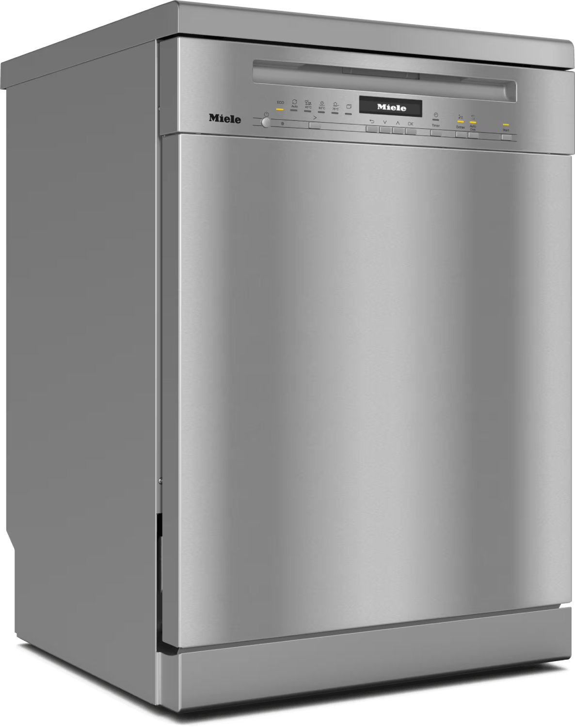 Un lavavajillas Miele de acero inoxidable. Tiene un panel de control con botones y una pantalla. La puerta está cerrada.
