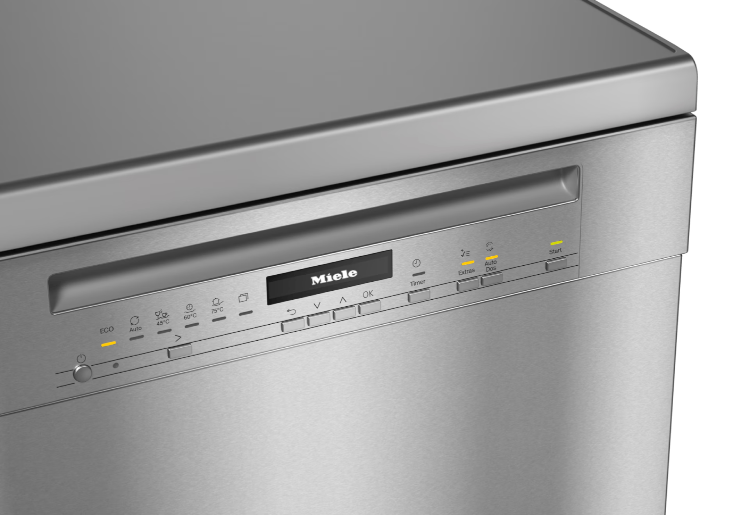 Primer plano del panel de control de un lavavajillas Miele de acero inoxidable. Muestra botones para ajustes, temporizador e inicio. Luces indican funciones activas.