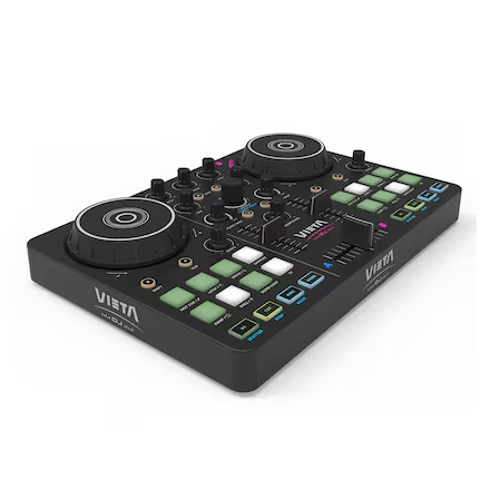 Un controlador de DJ negro con botones, perillas y dos jog wheels circulares. La marca 'Vista' es visible.