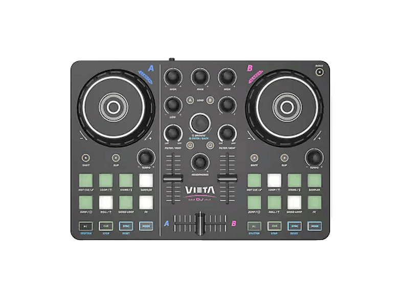 Mezcladora DJ - Vieta Pro Vega, 2 Canales, USB-C y Minijack 3.5mm, Tarjeta de Sonido Integrada, Negro