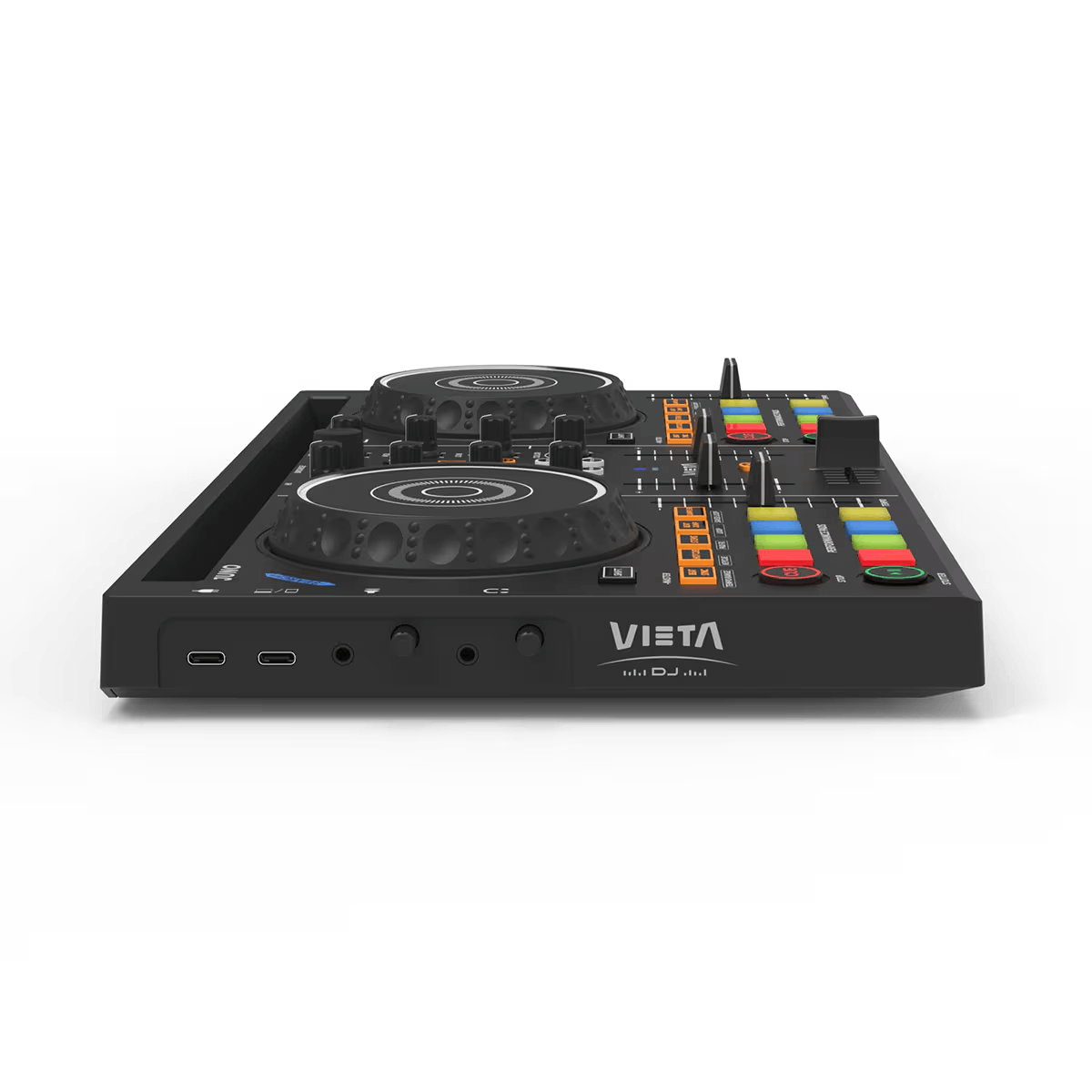 Un controlador de DJ negro con dos tocadiscos, botones y la marca 'VIETA' sobre un fondo blanco.