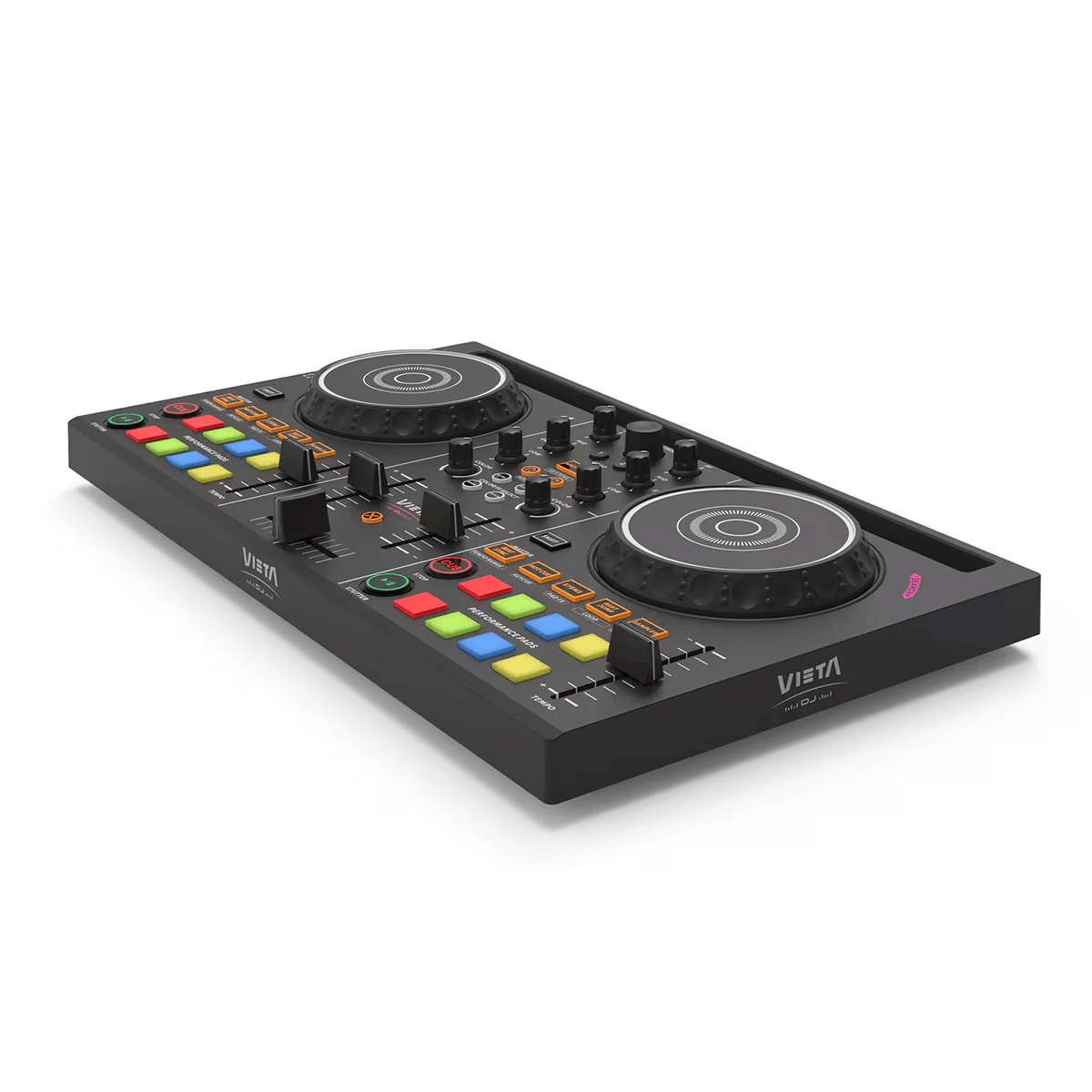 Un controlador de DJ negro con dos jog wheels, botones y perillas. Tiene un logo 'VIETA' y almohadillas de rendimiento coloridas.