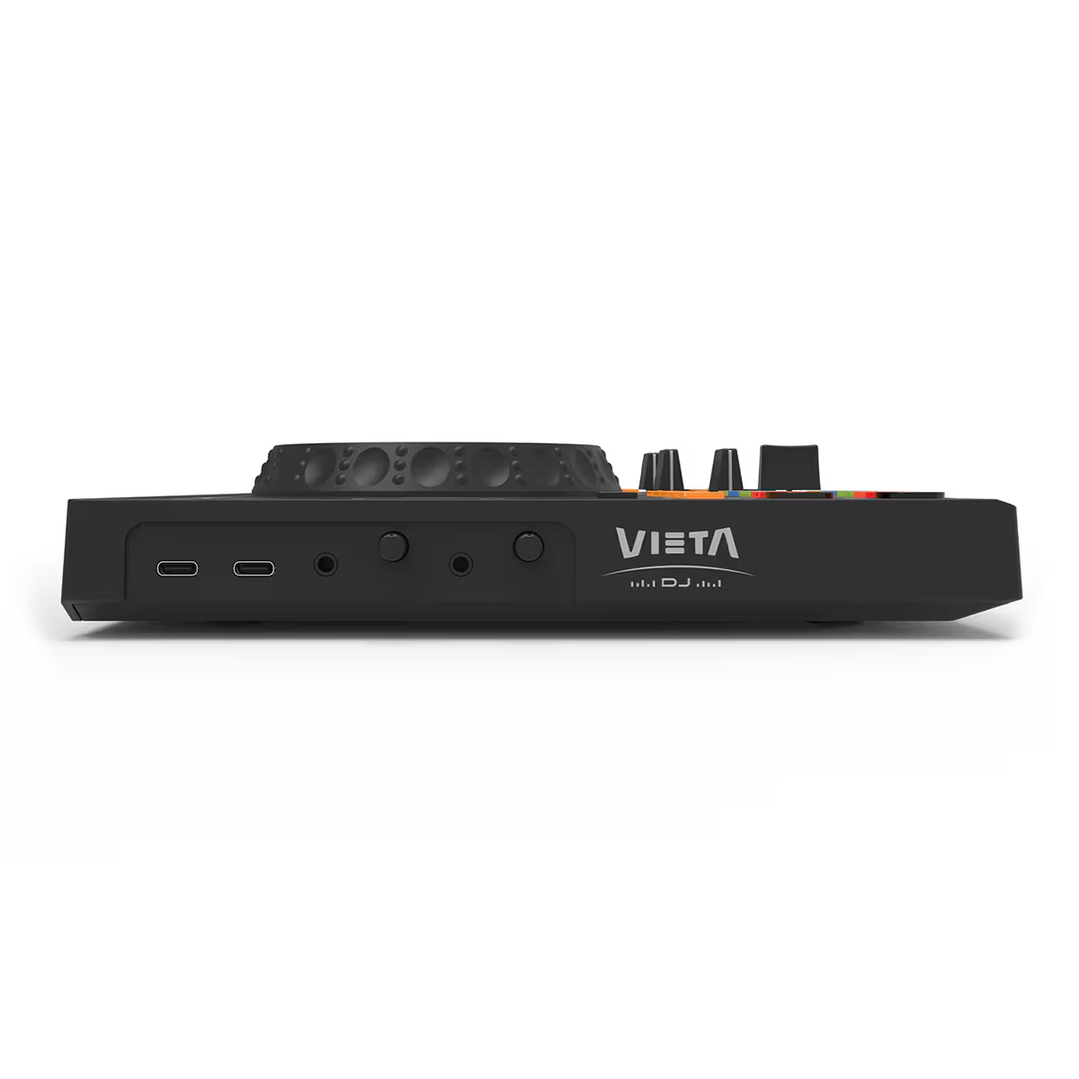 Vista lateral de un controlador de DJ negro con la palabra 'VIETA'. Tiene varias perillas, botones y puertos. Fondo blanco.