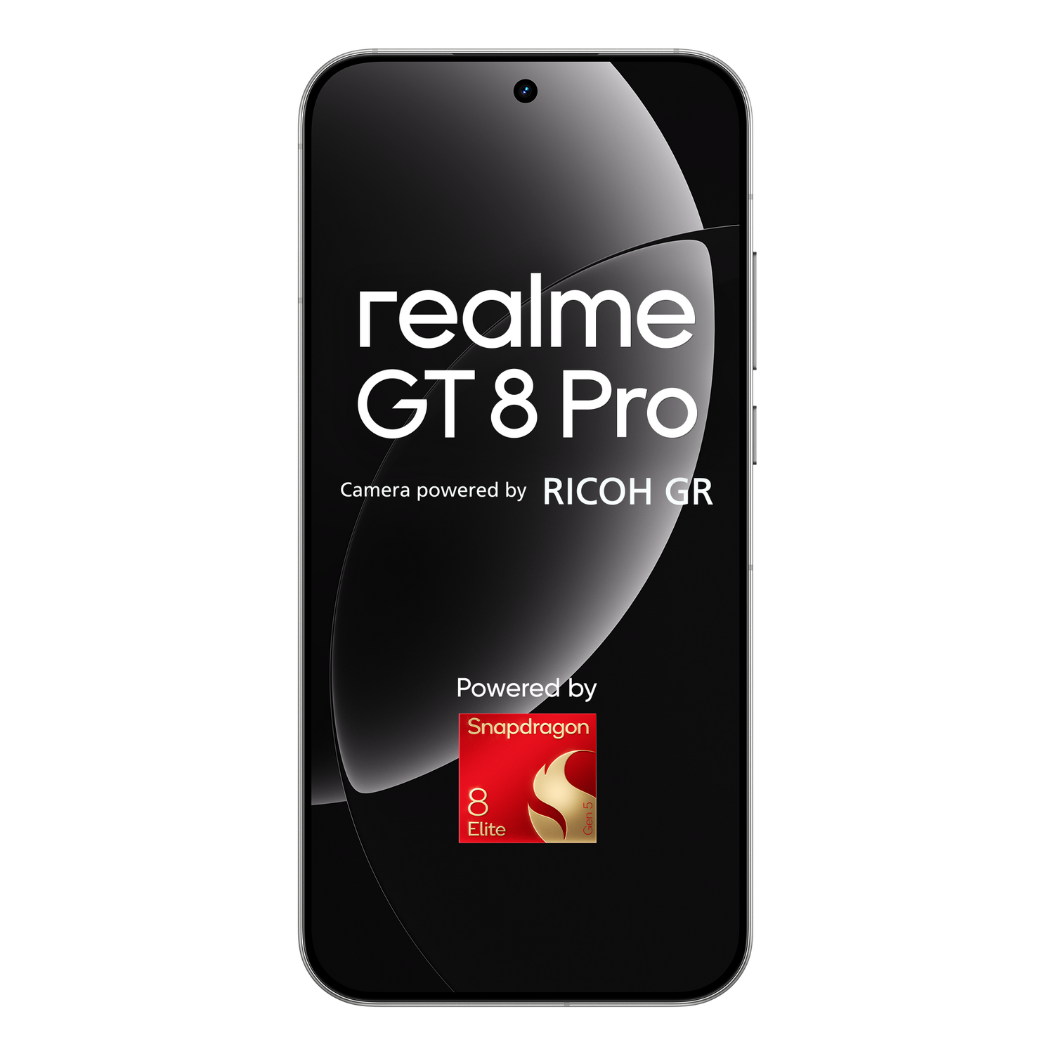 Un smartphone negro muestra el texto 'realme GT 8 Pro'. Tiene una cámara con tecnología RICOH GR y está alimentado por Snapdragon.