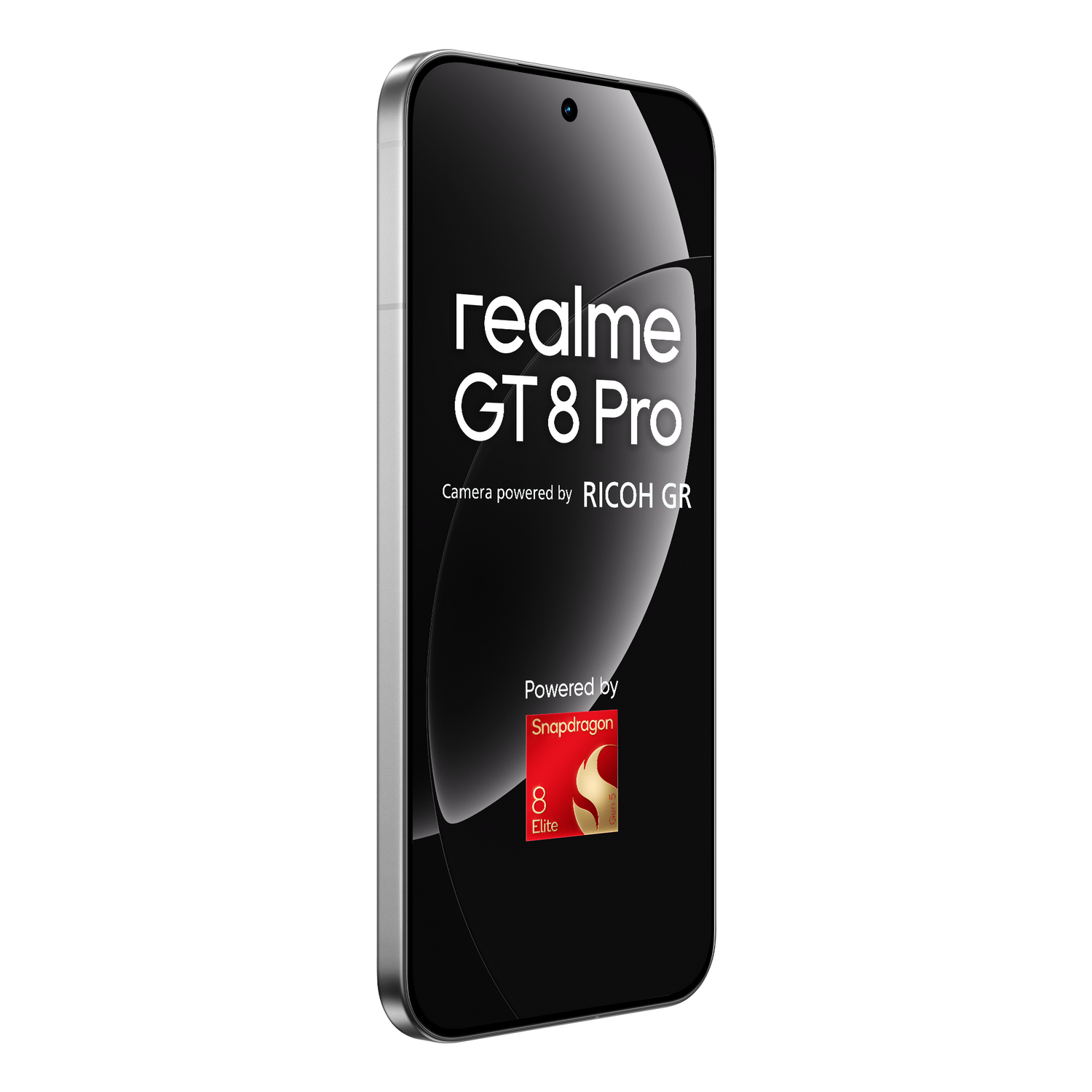 Se muestra un smartphone negro con el texto "realme GT 8 Pro". Está alimentado por Snapdragon y tiene una cámara de RICOH GR.