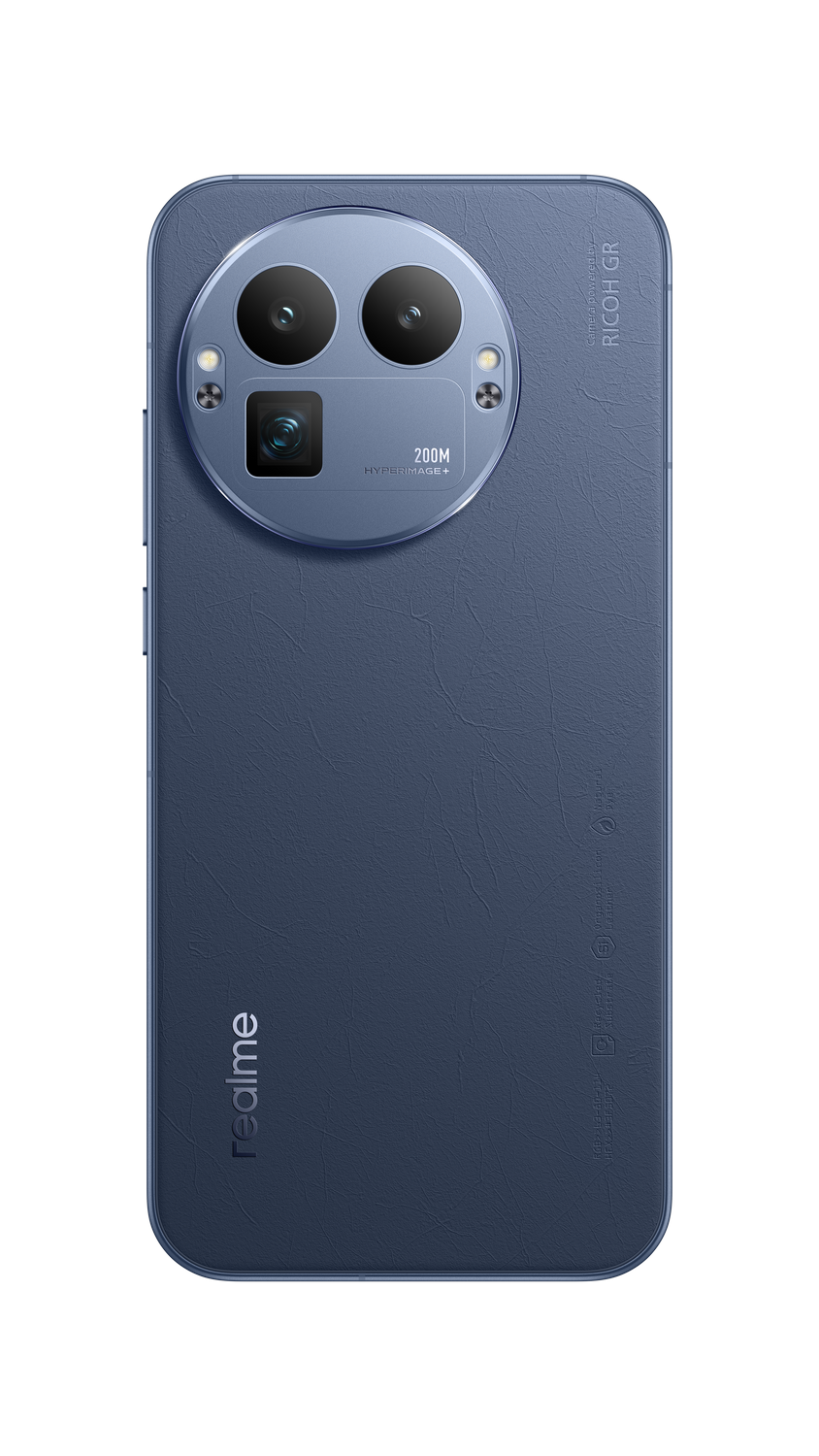 Parte trasera de teléfono azul con tres cámaras. El teléfono tiene el logotipo de Realme. El texto dice 200M Hyperimage+ y Ricoh GR.