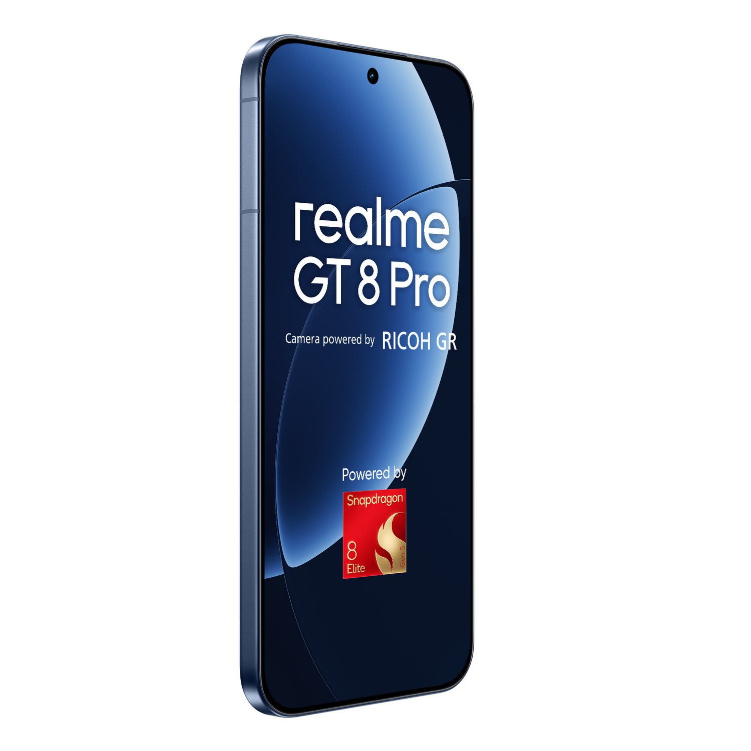 Un teléfono inteligente con pantalla azul muestra 'realme GT 8 Pro'. Tiene una cámara y el logo 'Snapdragon'. El marco del teléfono es azul.