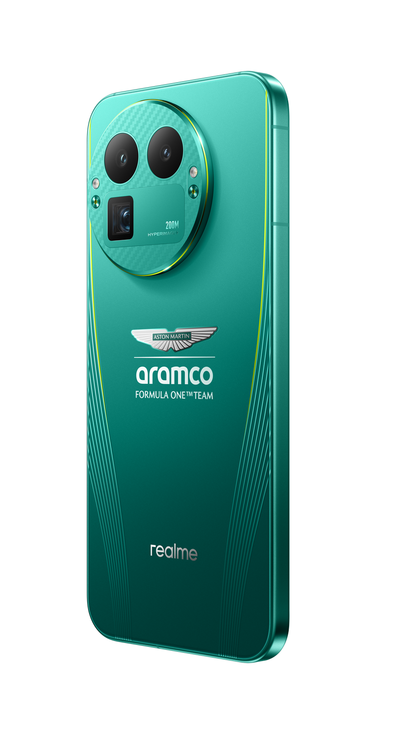 Un smartphone turquesa con triple cámara. Presenta los logotipos de Aston Martin y Aramco, y la marca 'realme'.