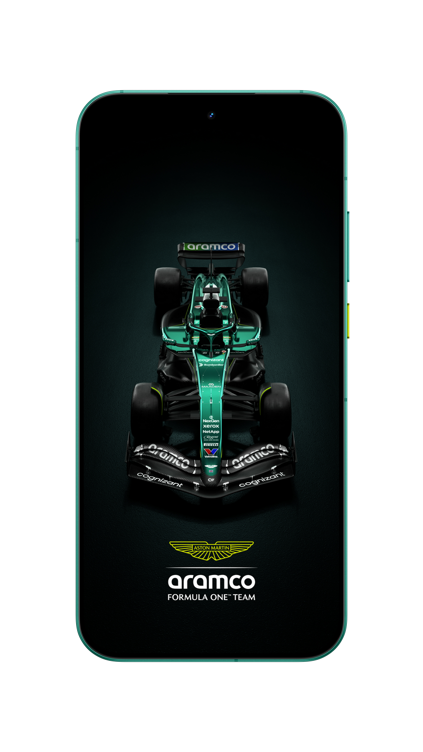 Un smartphone muestra un coche Aston Martin Aramco de Fórmula 1. El coche es verde y negro, con logos de patrocinadores. El teléfono es verde.