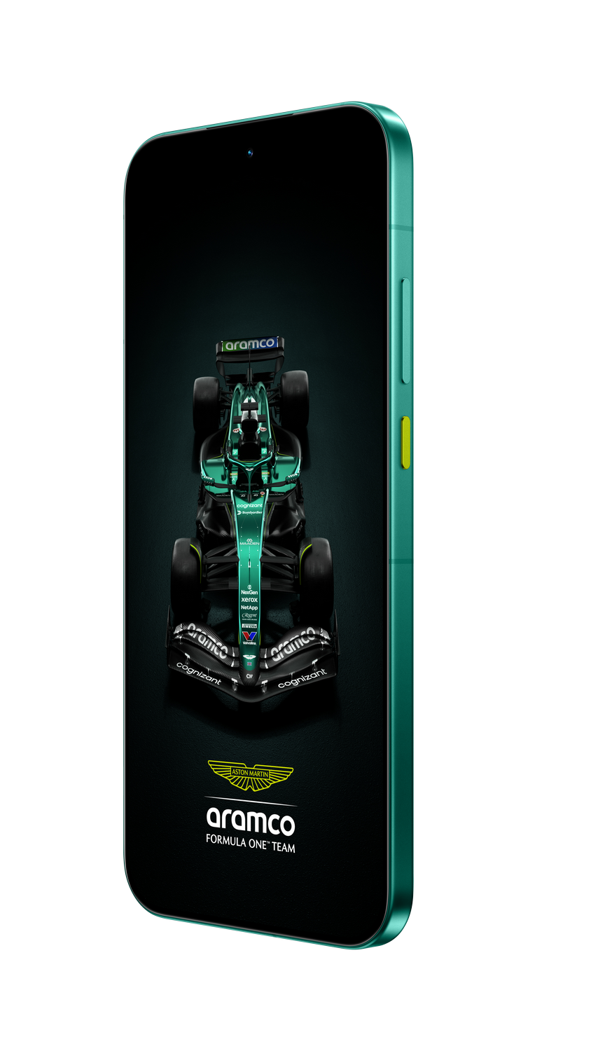 Un smartphone muestra un coche Aston Martin de Fórmula 1. El teléfono es verde. El coche es verde, negro y blanco sobre un fondo oscuro.