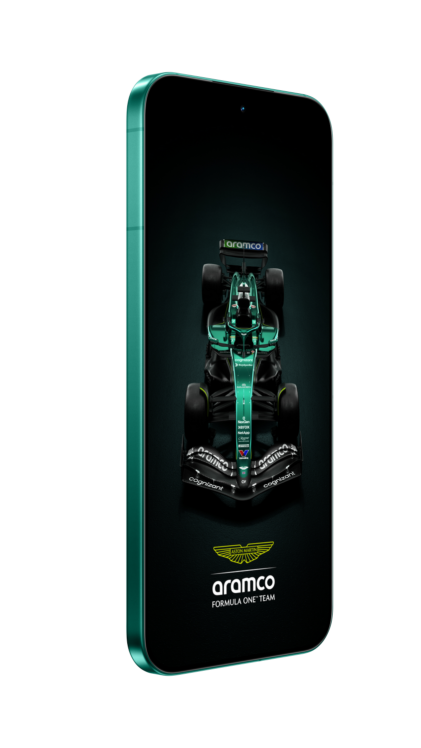 Un smartphone muestra un coche Aston Martin Aramco de Fórmula 1. El teléfono es turquesa, con fondo gris.