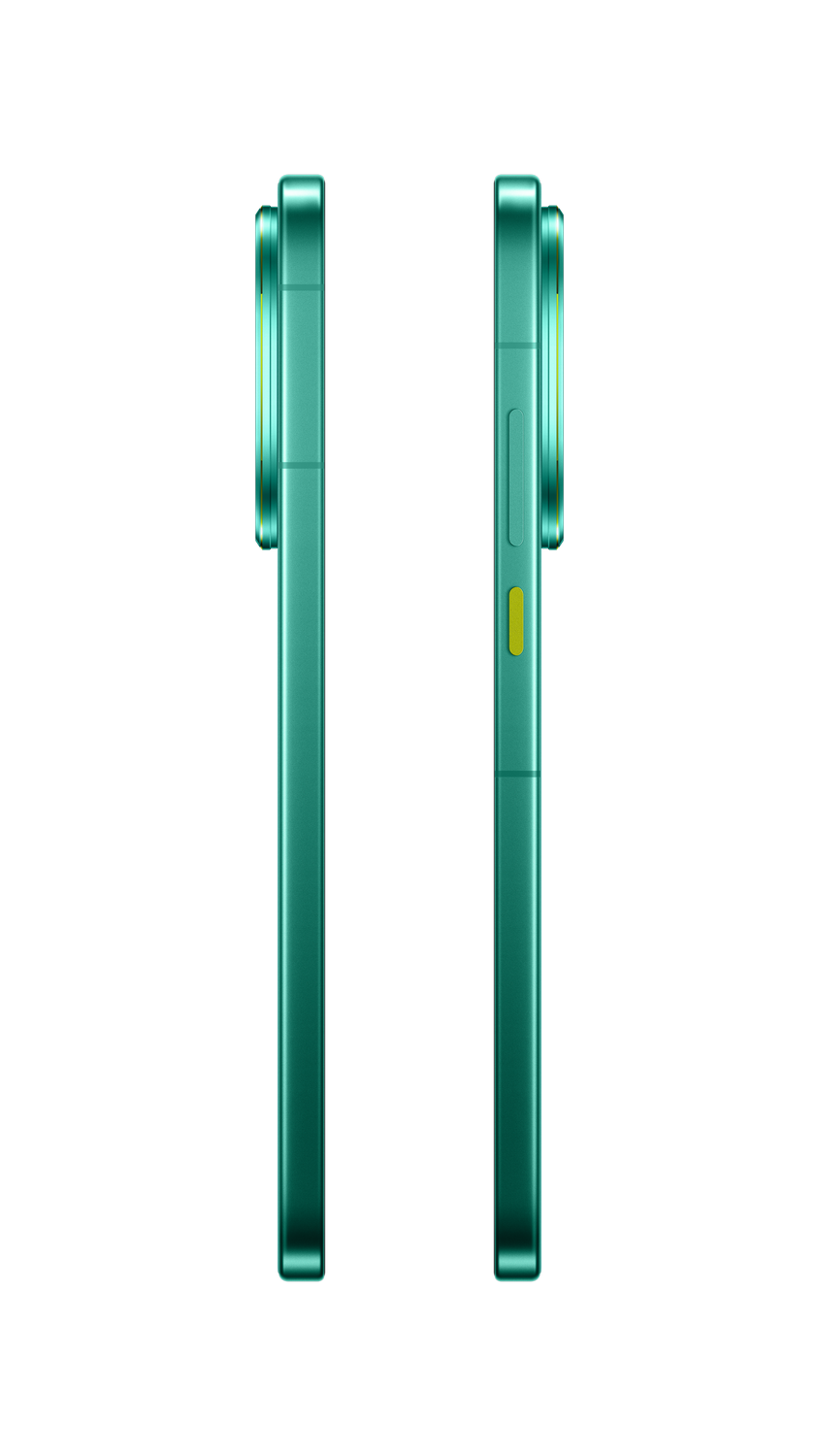 Dos teléfonos verde azulado uno al lado del otro. Uno muestra la lente de la cámara, el otro el botón de encendido. Ambos teléfonos están sobre un fondo gris.