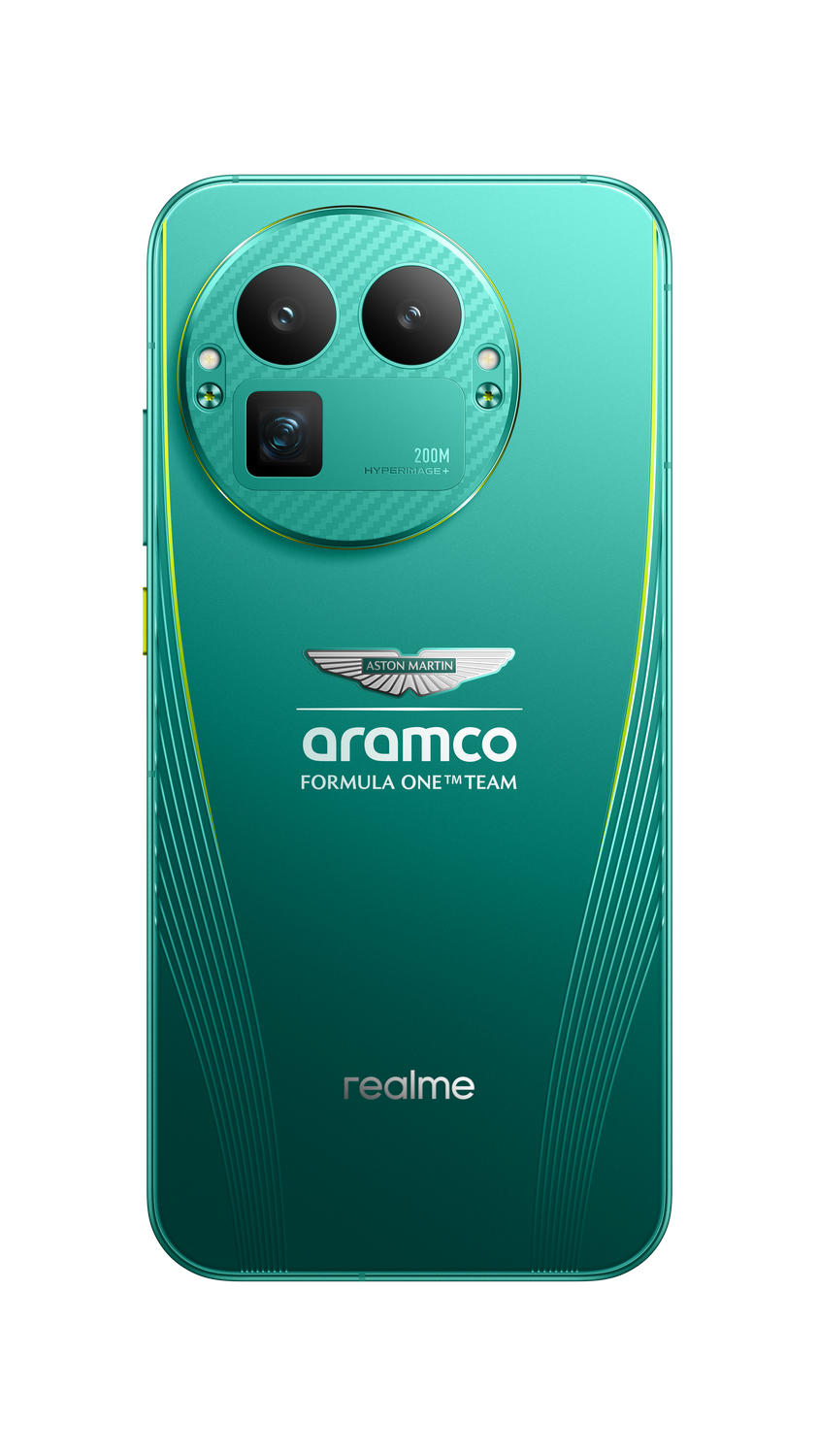 Smartphone verde con triple cámara, logo Aston Martin y marca Aramco. Logotipo Realme abajo.