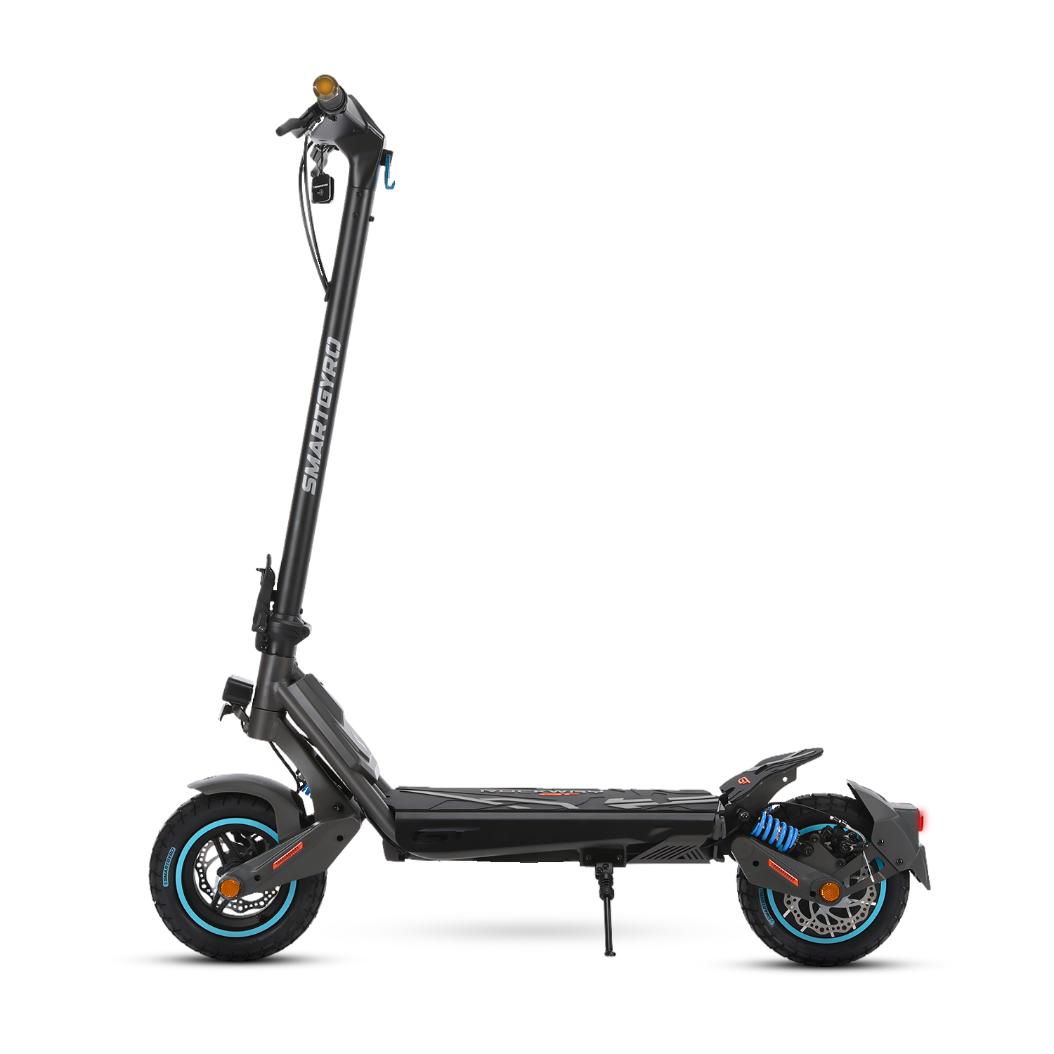 Scooter eléctrico Smartgyro negro sobre blanco. Presenta detalles azules en ruedas, suspensión y luz trasera roja. Vista lateral.