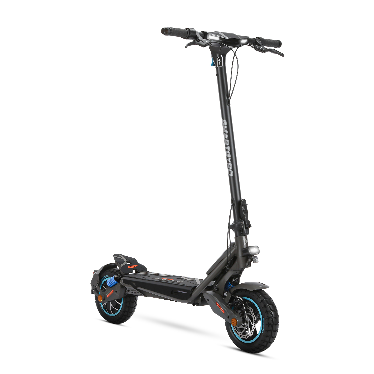 Un patinete eléctrico negro con detalles en azul y naranja. Tiene neumáticos grandes, faro y pantalla digital en el manillar.
