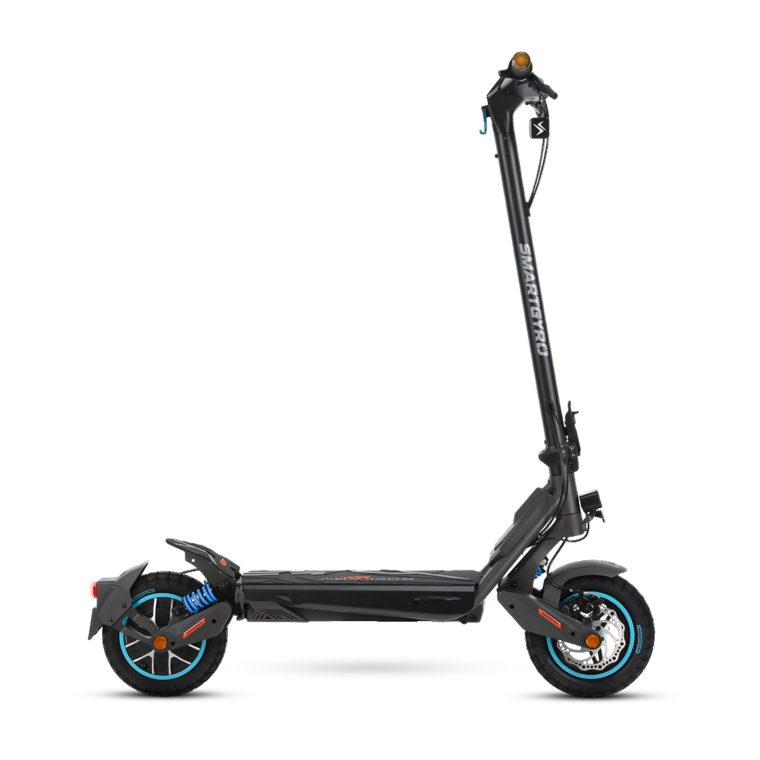Patinete eléctrico negro sobre fondo blanco. Tiene detalles azules en ruedas y suspensión. La marca es visible.