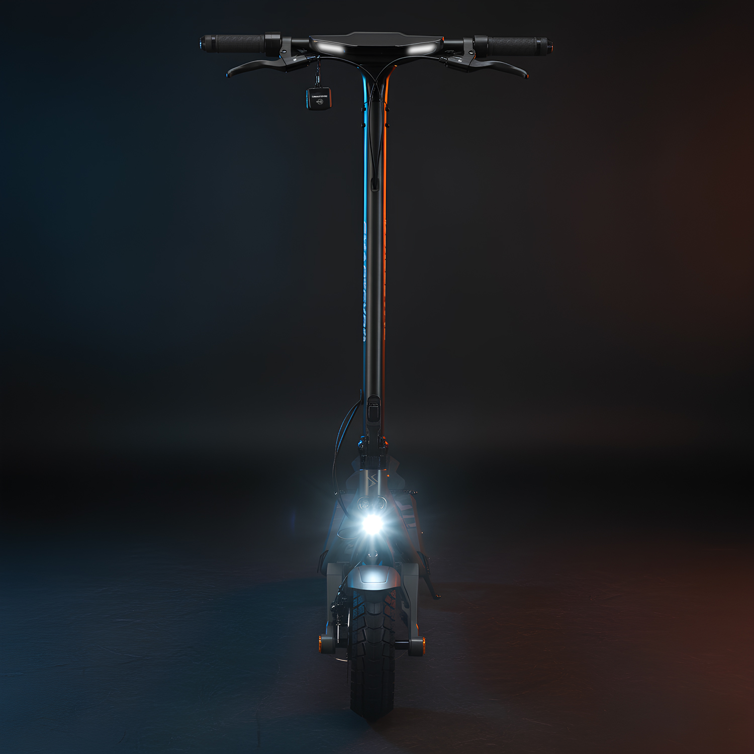 Patinete eléctrico con faro brillante, marco negro y manillar. El fondo es oscuro con iluminación naranja y azul.