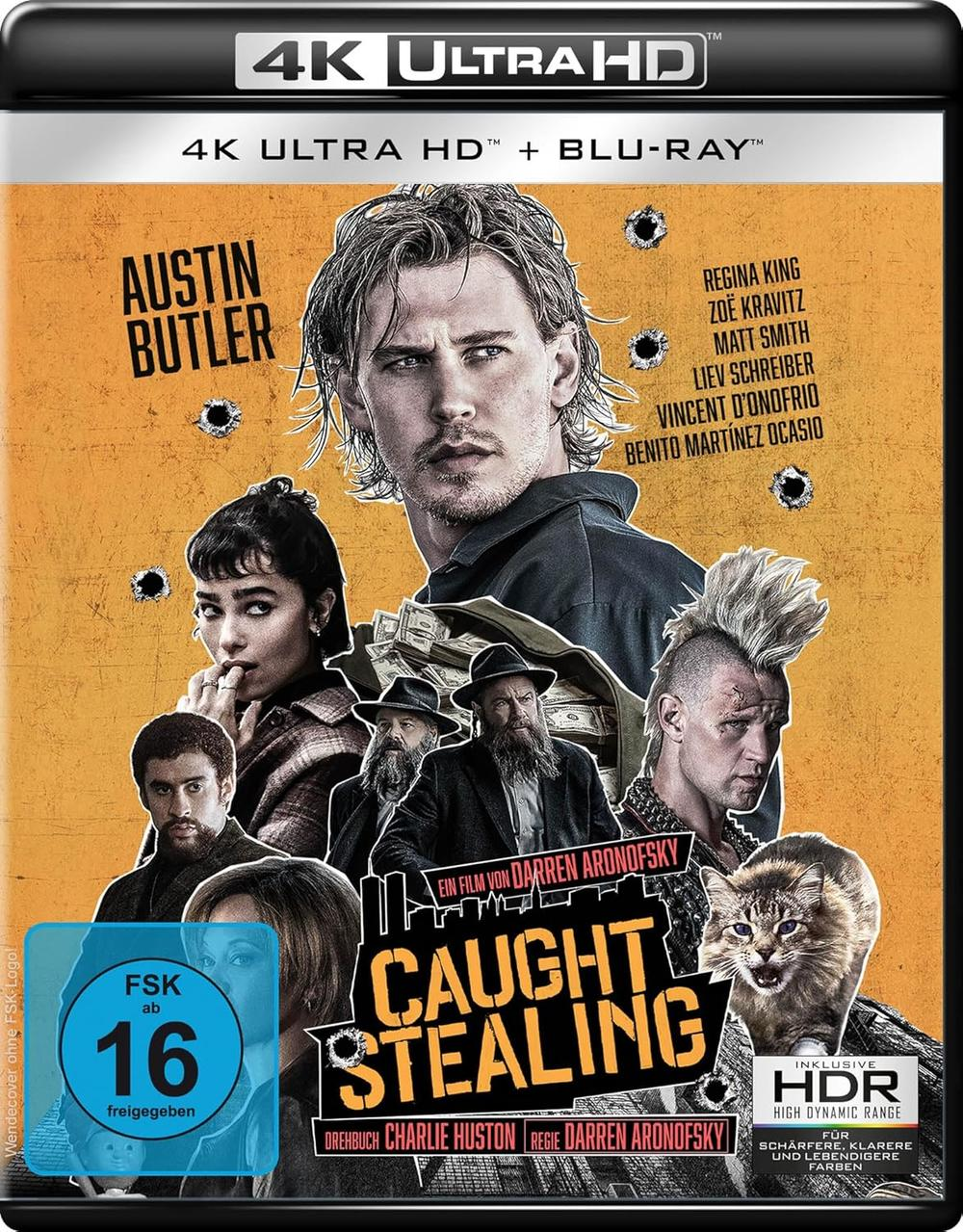 Filmcover mit Austin Butler und anderen Schauspielern, Titel 'Caught Stealing'. Enthält 4K Ultra HD und HDR.