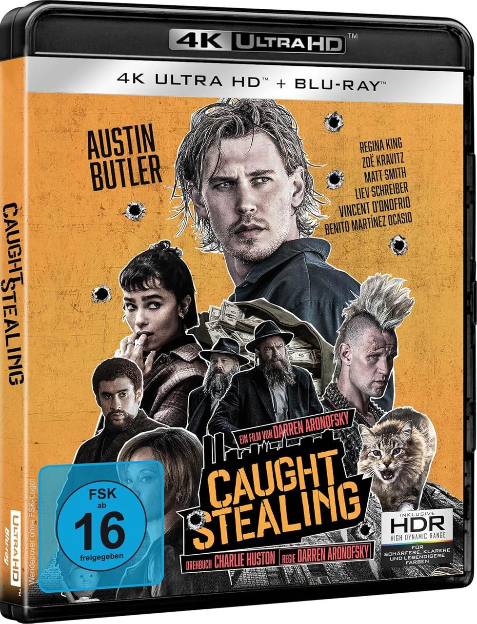 Filmcover mit Schauspielern, Titel 'Caught Stealing' und '4K Ultra HD' Logo.
