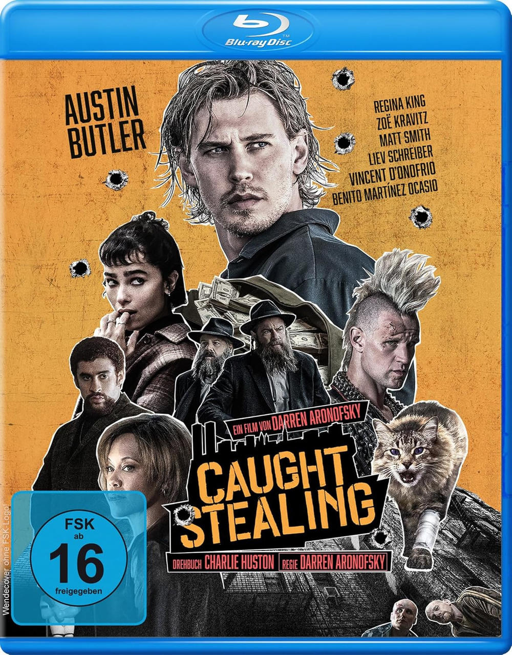 Blu-ray-Cover: Austin Butler, Filmtitel 'Caught Stealing', Besetzung und eine Katze. Der Film ist ab 16 Jahren freigegeben.