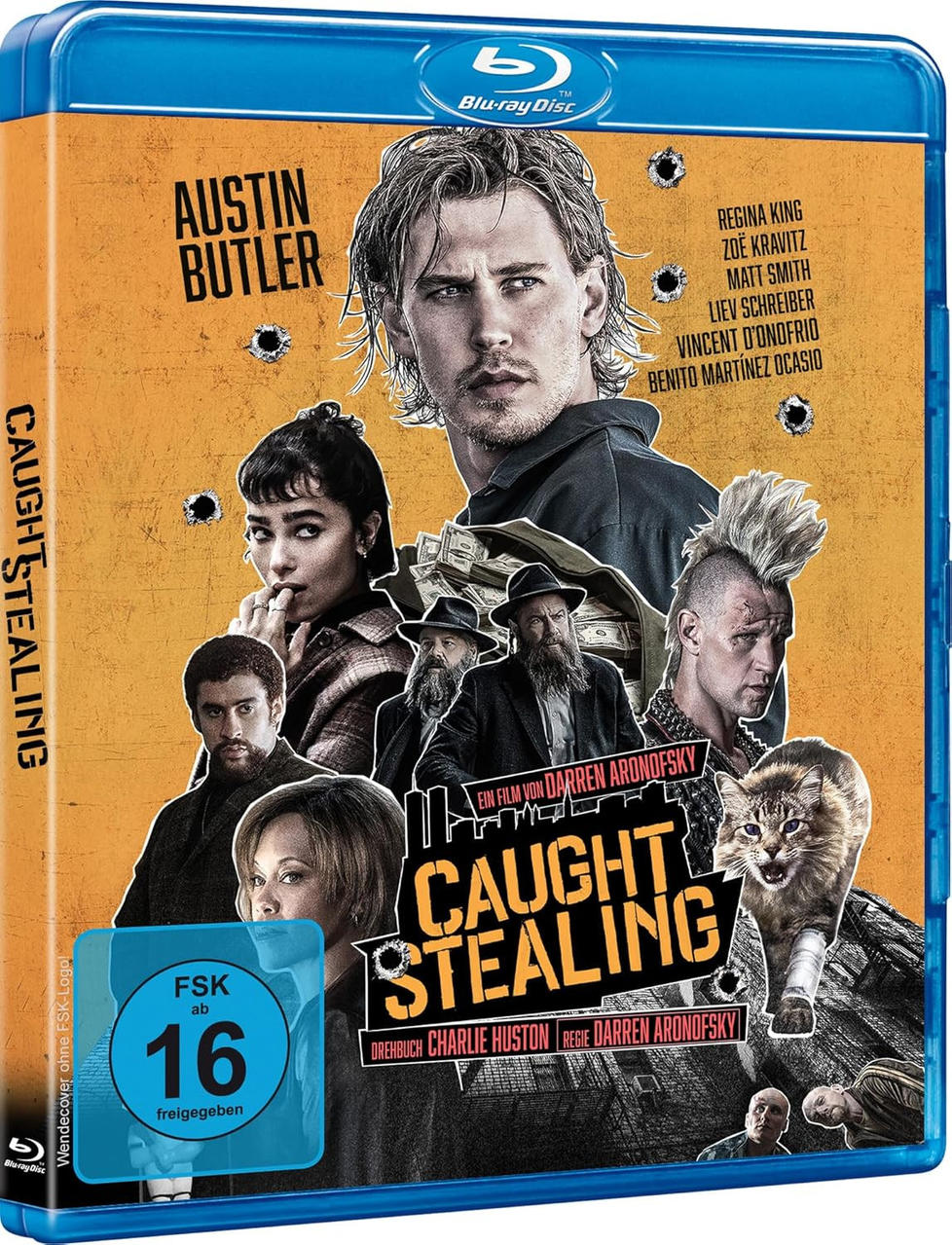 Blu-ray-Cover für 'Caught Stealing'. Mit Austin Butler und anderen. Oranger Hintergrund mit Einschusslöchern. Katze rechts.