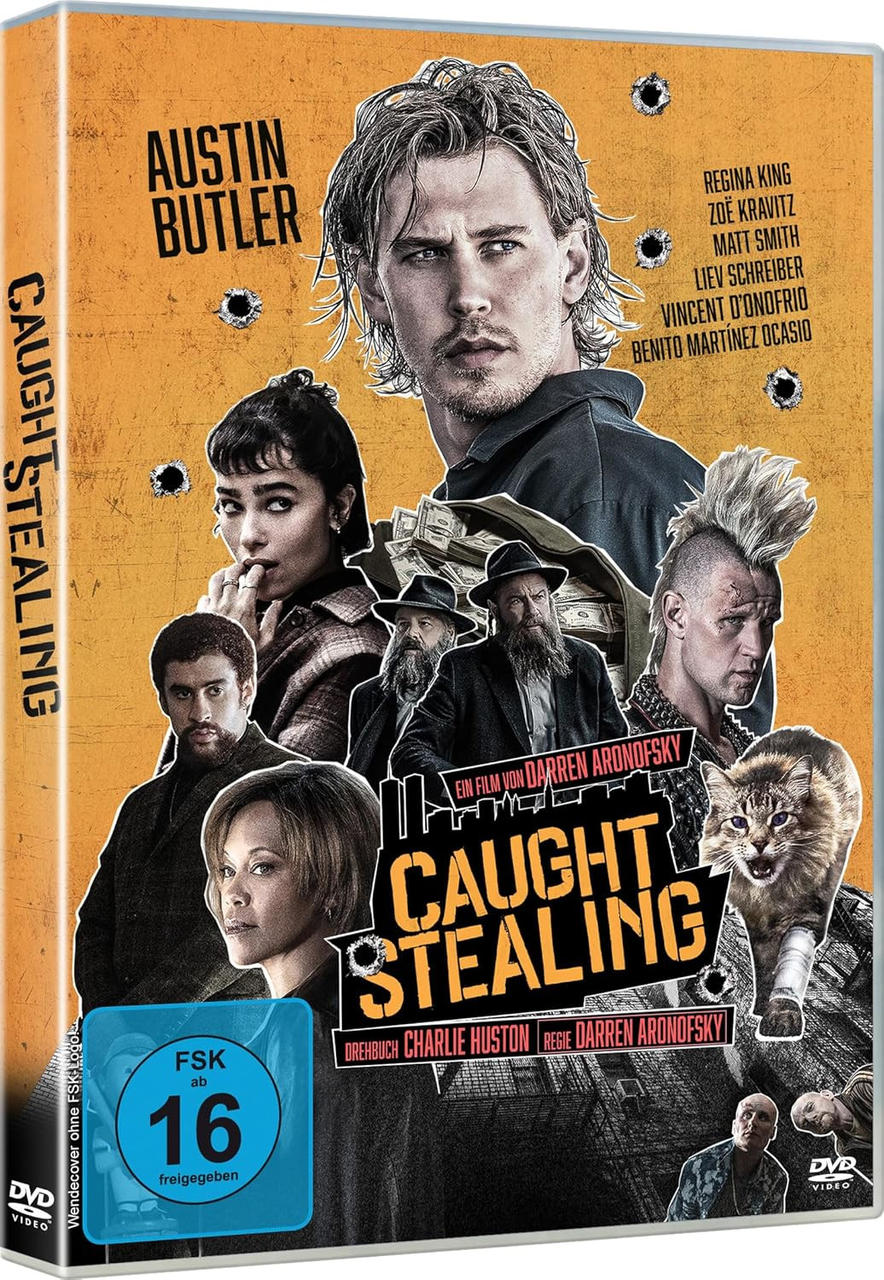 DVD-Cover von 'Caught Stealing'. Austin Butler und andere Schauspieler sind zu sehen. Der Hintergrund ist orange mit Einschusslöchern.