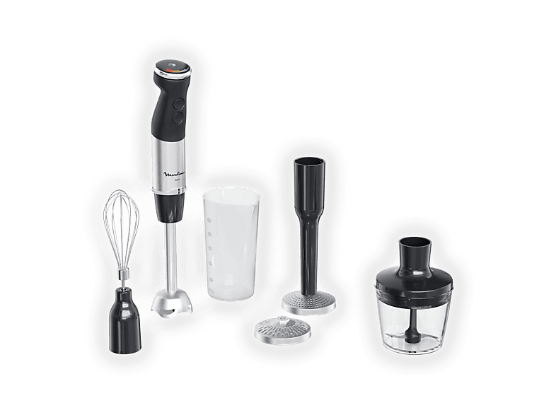 Frullatore ad immersione MOULINEX Quickchef+ 4 in 1 DD6748, Potenza massima 1000 W, Recipiente da 0.8 l, Livelli di potenza 20 velocità, Acciaio inox/nero