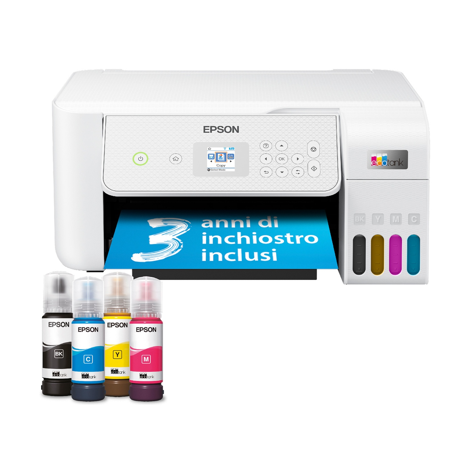 Stampante Epson bianca con flaconi di inchiostro. Carta blu con '3 anni di inchiostro inclusi'. Colori inchiostro: nero, ciano, giallo, magenta.