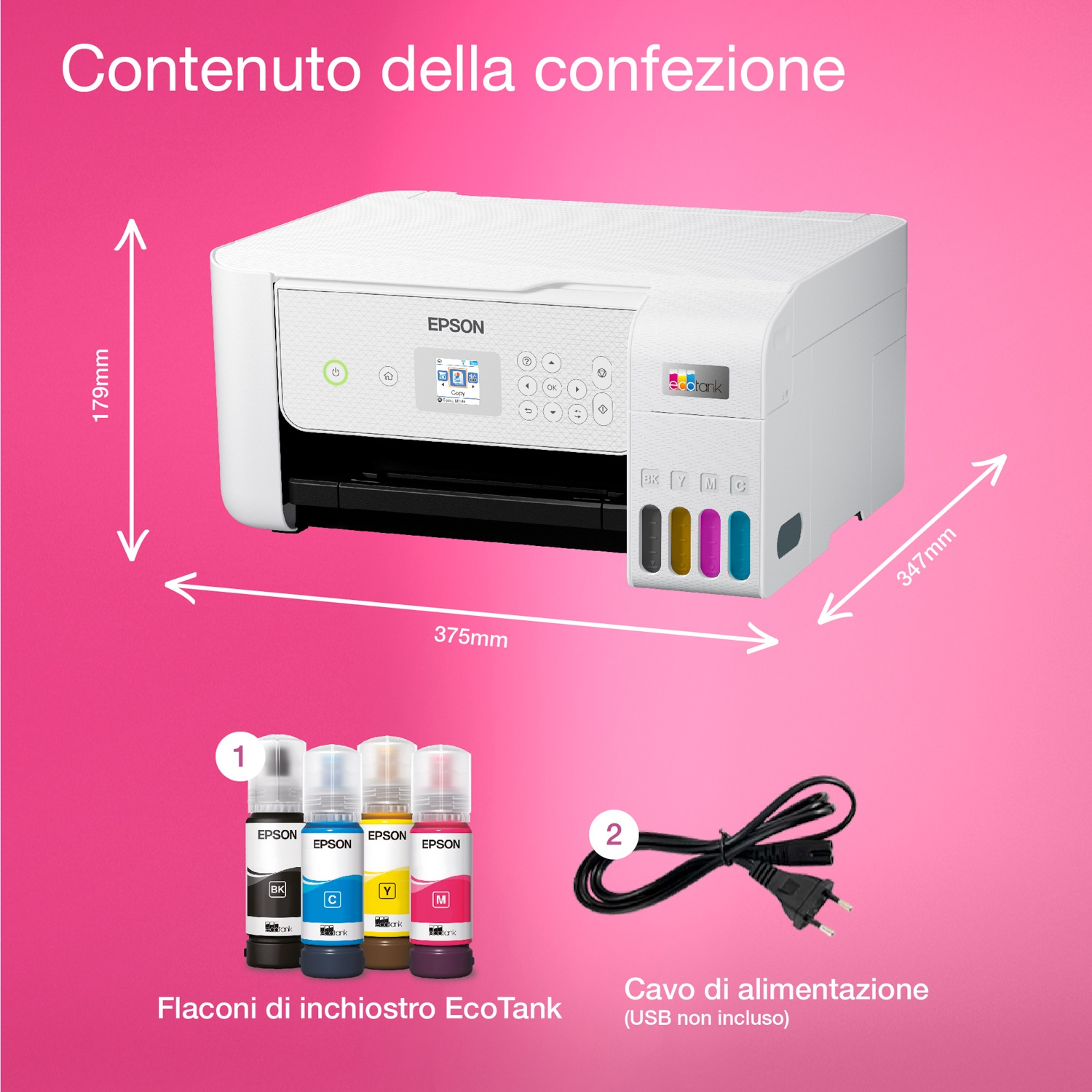 Stampante Epson bianca con flaconi d'inchiostro e cavo di alimentazione su sfondo rosa. Dimensioni indicate.