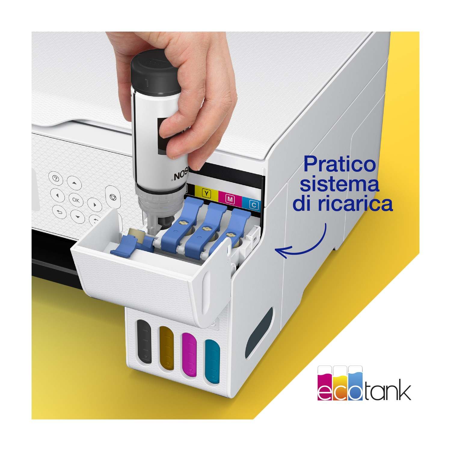Una mano che ricarica una stampante Epson con inchiostro. La stampante ha un corpo bianco, le bottiglie di inchiostro hanno tappi neri.