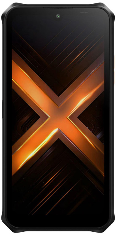 Czarny smartfon z pomarańczowym X na ekranie. Ma aparat u góry. Telefon jest wytrzymały, z ochronną ramą.