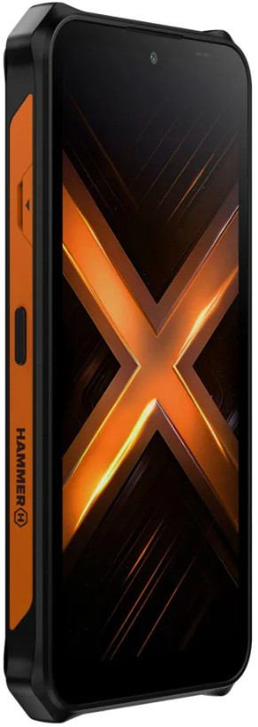 Wytrzymały smartfon. Czarno-pomarańczowa obudowa. Ekran wyświetla pomarańczowy wzór 'X'. Bok ma przyciski i logo HAMMER.
