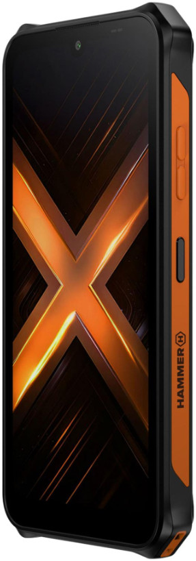 Wytrzymały smartfon. Czarny i pomarańczowy. Ekran ma pomarańczowy wzór "X". Przyciski z boku.