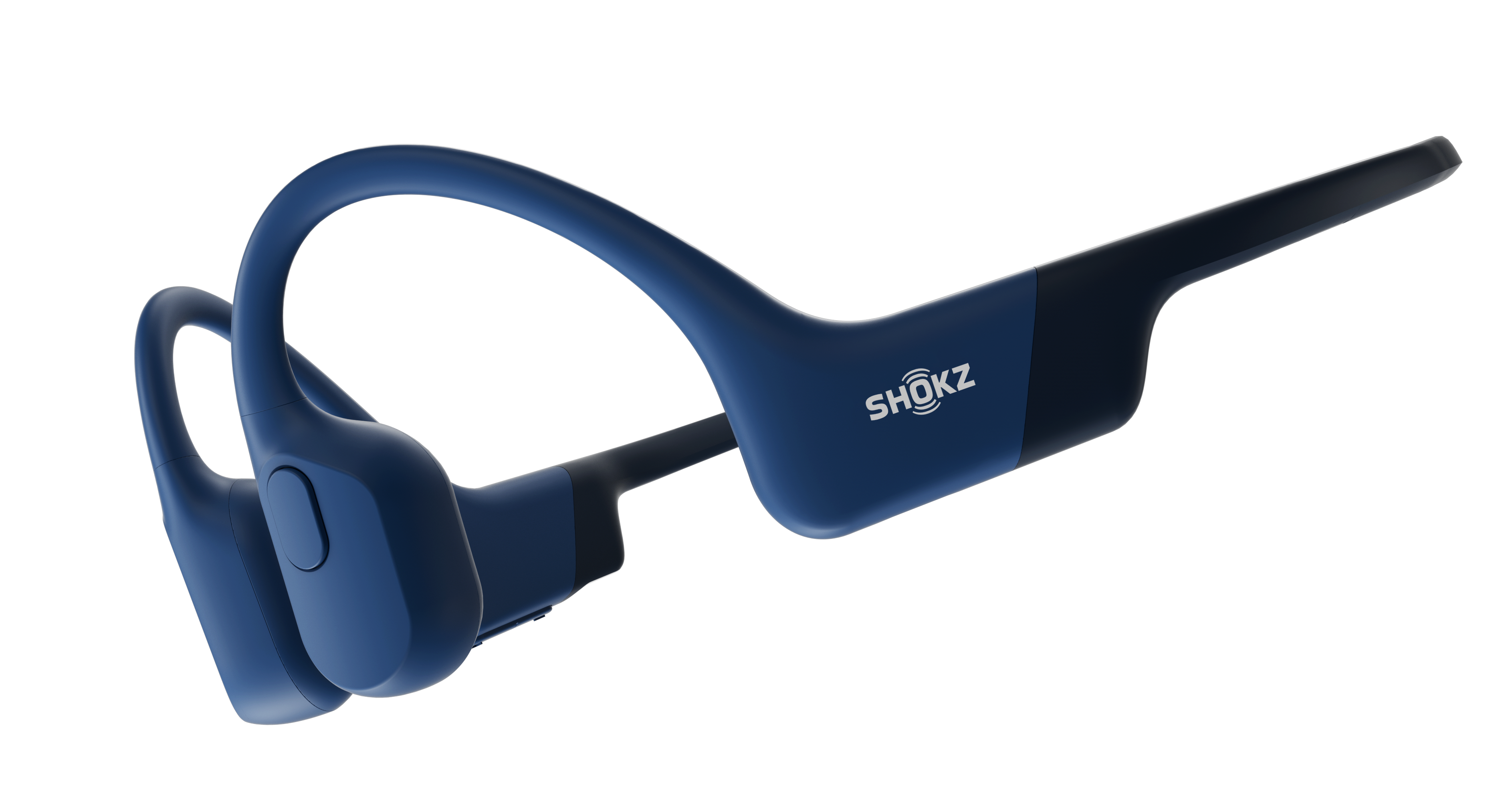 Niebieskie słuchawki Shokz z przewodnictwem kostnym na czarnym tle. Logo marki jest widoczne po prawej stronie.