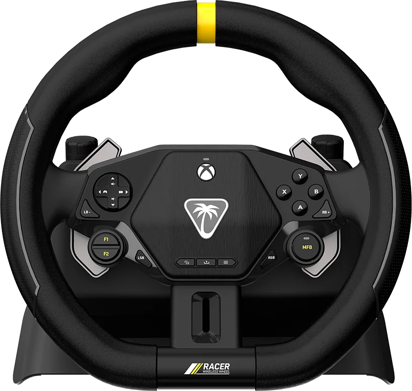 Schwarzes Rennlenkrad mit gelbem Streifen. Mit Knöpfen, Xbox-Logo und Palmenlogo. Das Lenkrad steht auf einem schwarzen Ständer.